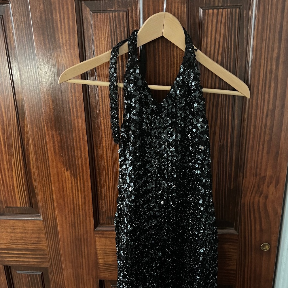Open Back Vintage Black Sequin Dress Midi Size S/M